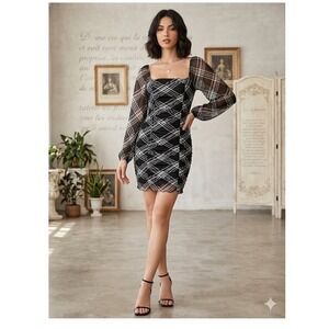 Almost Famous Black White Plaid Ruched Mesh Bodycon Mini Dress Square Neck Small